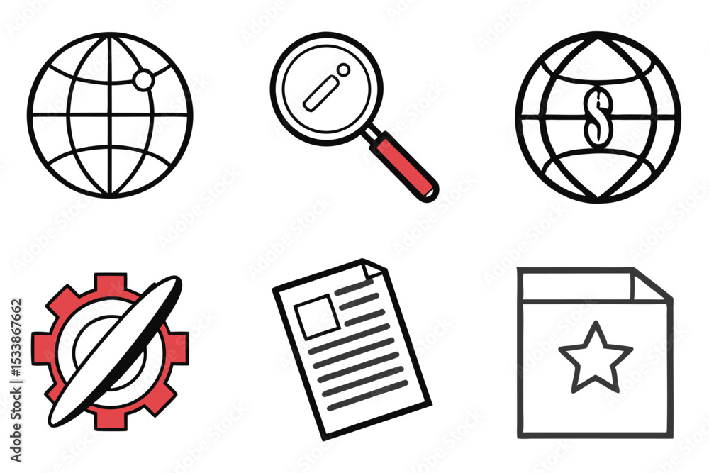 Poster collection of simple vector icons representing concepts like global business information and prefere