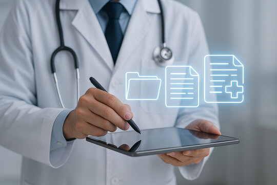 Electronic health records doctor using tablet for medical data management and patient information 100