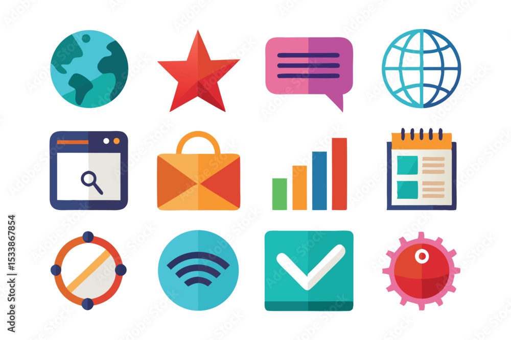 Poster colorful collection of flat design icons representing web design and communication elements