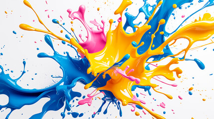 Abstract splash of colorful paint in motion on white background. Vibrant mix of yellow, blue, and pink liquid. High resolution and clean aesthetic. AI-generated image. 