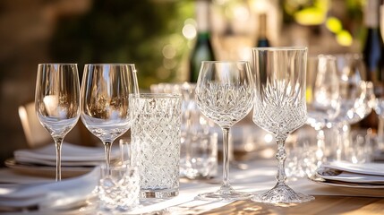 Close up of crystal wine glasses glass tumblers catching sunlight sparkling reflections no labelling no logo no human