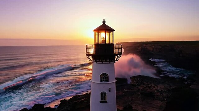 Orbiting shot of Phare Du Mean Ruz Lighthouse in Bretagne France during sunset