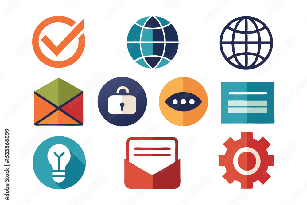 Aufkleber colorful flat design icon set illustrating web communication technology and various other functions