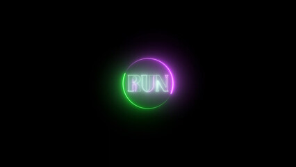 Neon Run Sign with Green and Purple Circle Glowing Against a Black Background The image