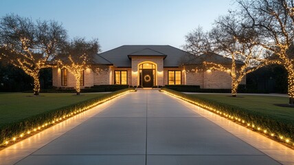 Christmas lights illuminating festive brick house, trees, and bushes at twilight, creating a a atmosphere
