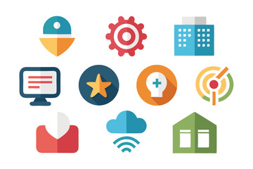 Colorful flat design icon set representing technology business and healthcare concepts