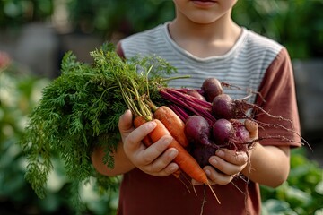A little boy holds the harvest of carrots and beets in his hands
