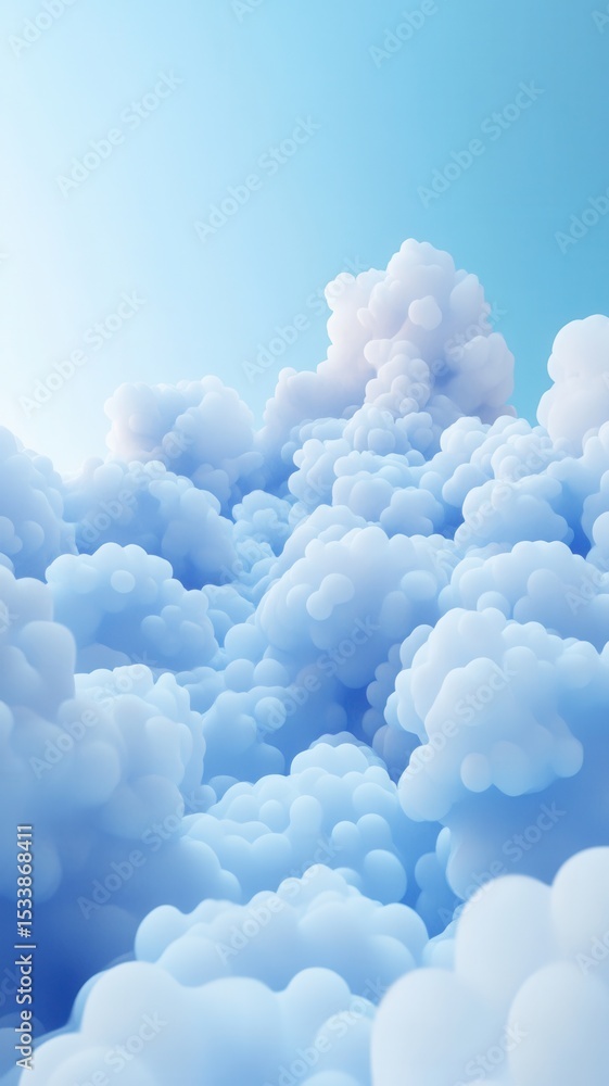 Poster 3d rendering featuring modern soft round shapes creating a cloud against a light blue background, sh