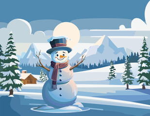 A winter mountain landscape with a snowman in foreground