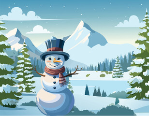 A winter mountain landscape with a snowman in foreground