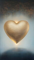 Golden heart above floating a soft blue surface with a textured brown and blue background representing love, care, and affection
