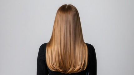 Naklejka premium Studio shot of a hair, woman with long brown in seen from behind, with a green plant young the foreground
