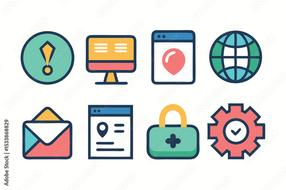Fototapete colorful flat icons representing communication technology and website elements and symbols