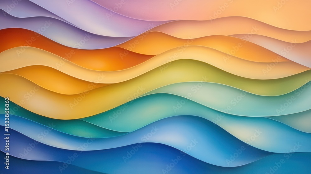 Poster metallic waves undulating smoothly, blending soft pastel gradient fluid, into backdrop elegant abstr