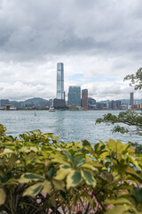 View of Kowloon on a cloudy day. View from Hong Kong Island.