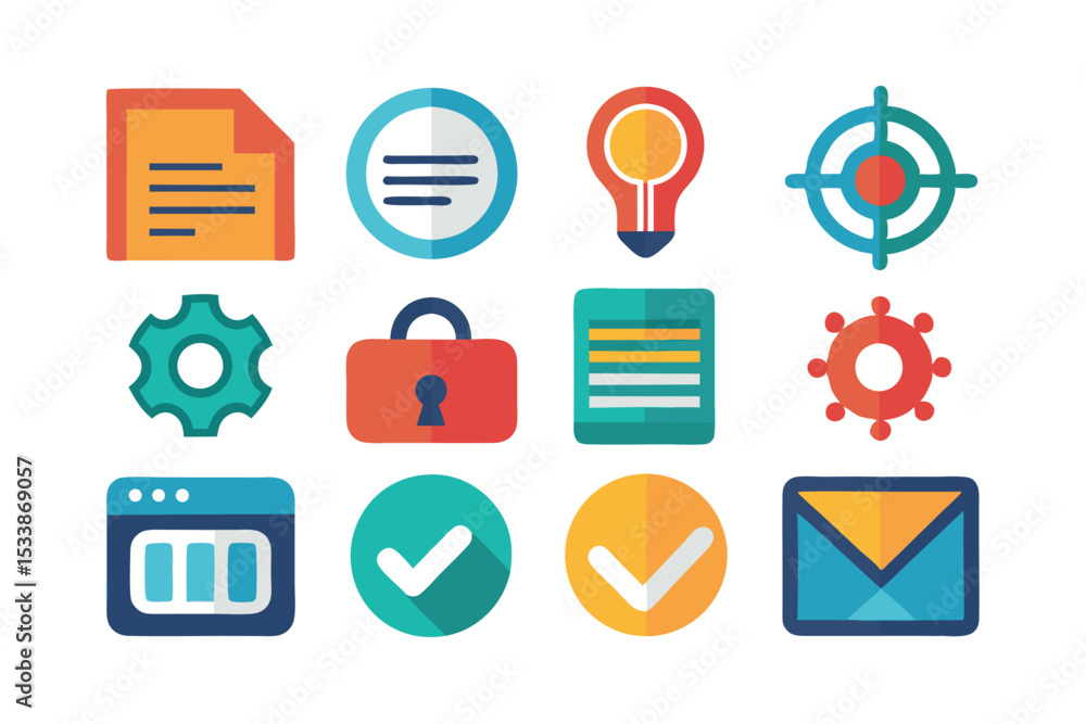 Poster colorful flat vector icons representing various concepts and digital elements for design