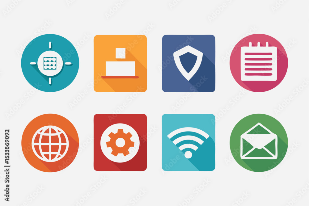 Aufkleber colorful icons representing technology data and communication with long shadows and flat design
