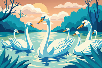 Graceful white swans and pink flamingos swim in the blue lake and sea, reflecting beautiful wildlife © sukesh