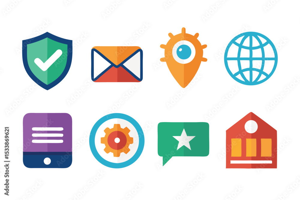Poster colorful vector icons representing security communication settings and various digital services