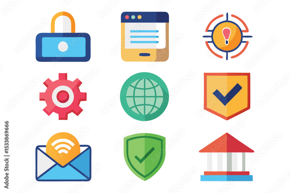 Aufkleber colorful vector icons representing security technology and communication for digital concepts