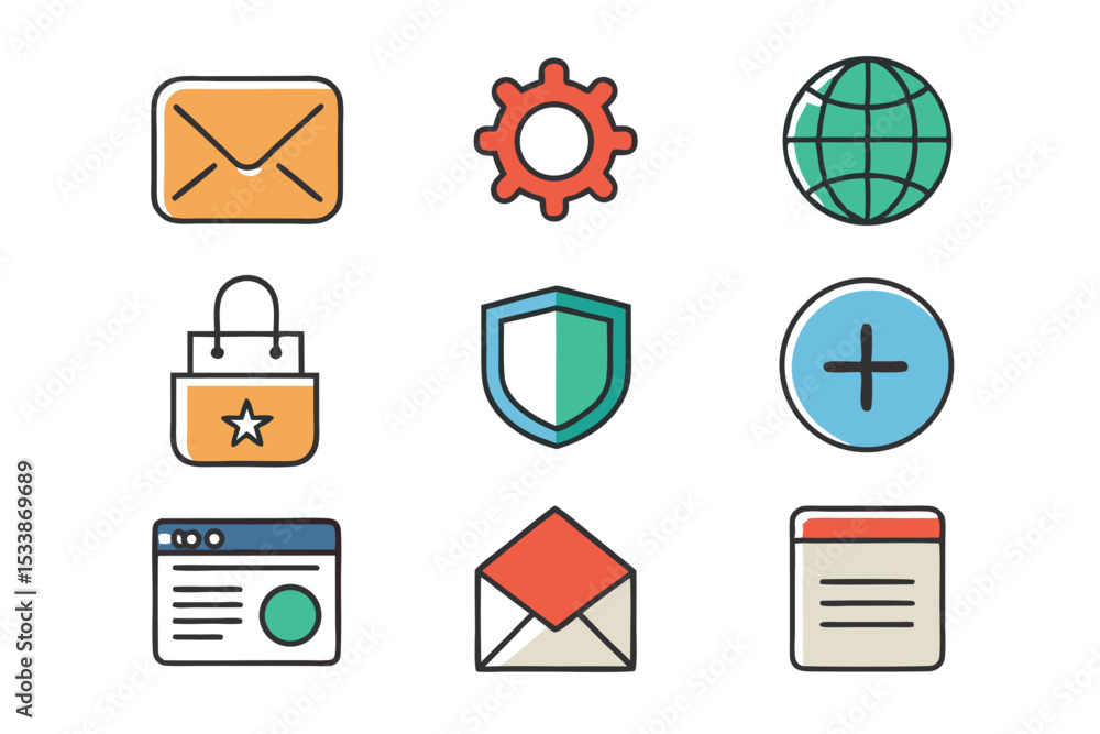 Poster colorful vector icons representing various concepts and elements for digital design projects