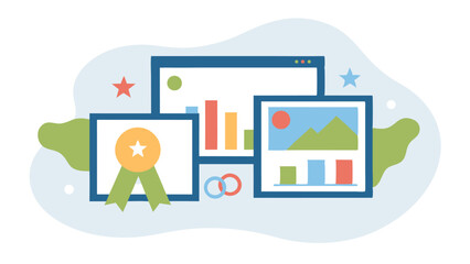 Illustration of awards, charts, and data visualization on a light blue background design element