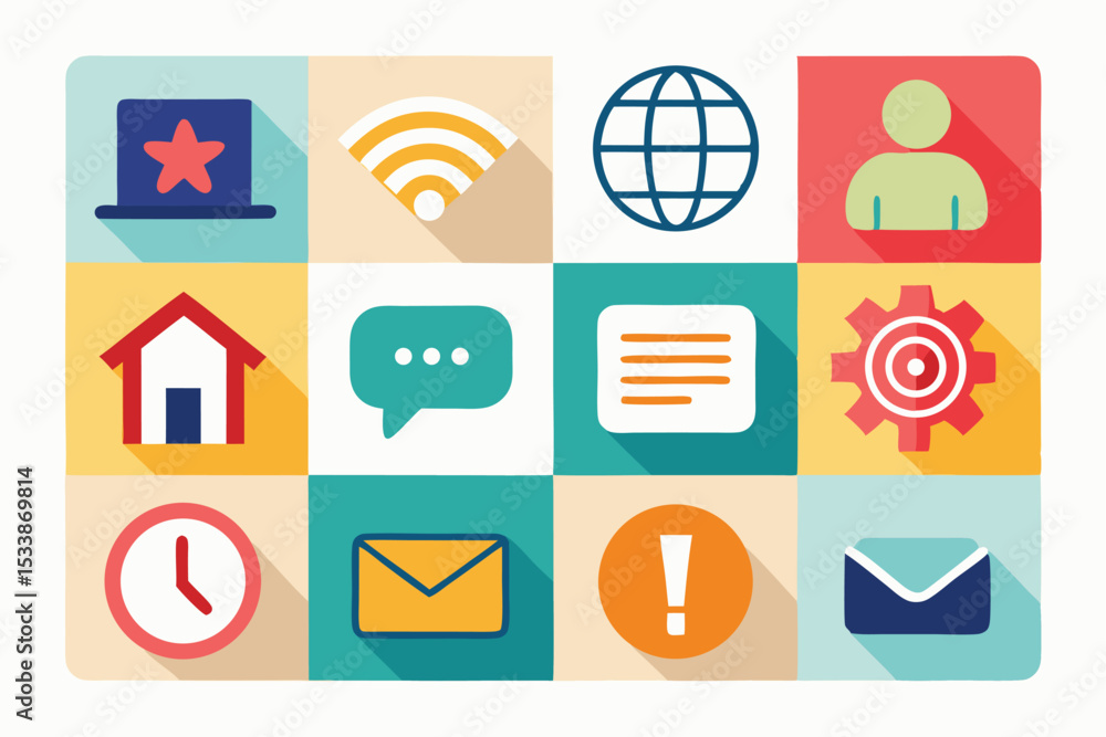 Poster flat design colorful set of web and communication icons on a square grid