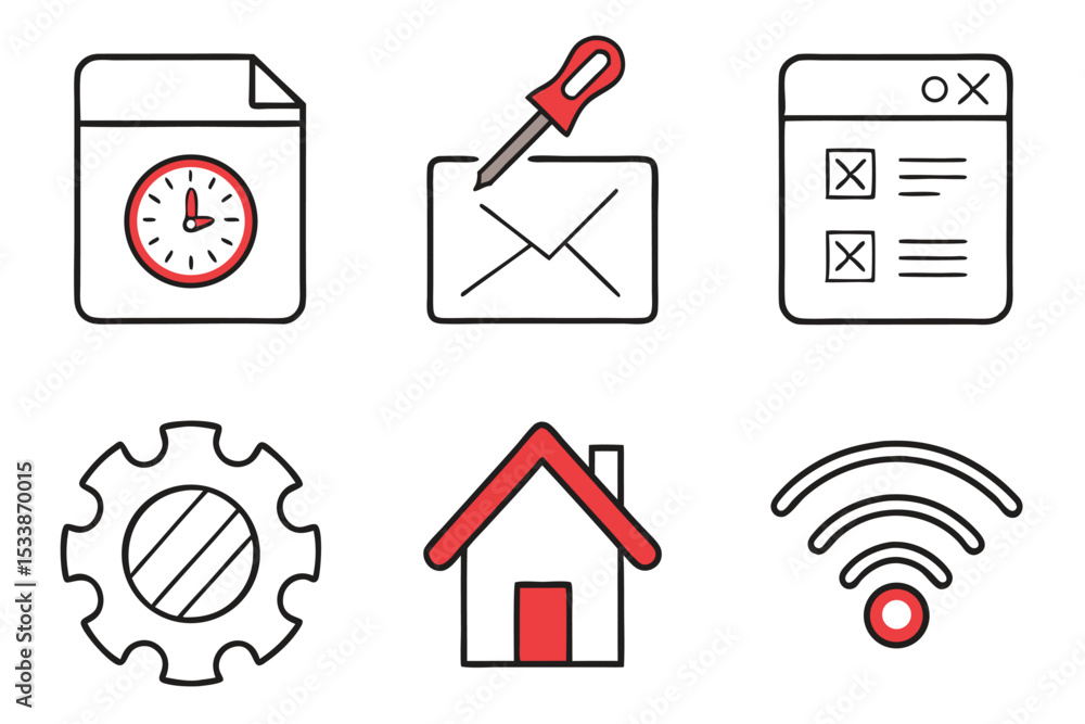 Poster hand drawn collection of web design icons with color accents for various concepts