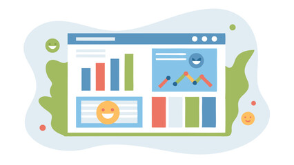 Illustration of a dashboard with charts, graphs, and smiley faces on a colorful background design
