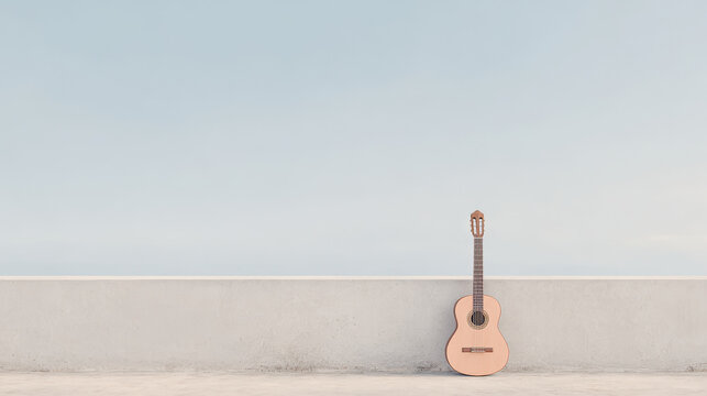 minimalist photograph of solitary guitar standing against gray wall emphasizing pastel pink accent