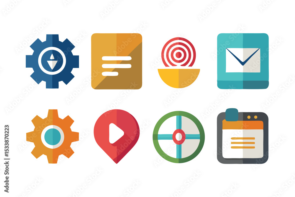 Poster set of colorful flat design icons representing different interface elements and functions