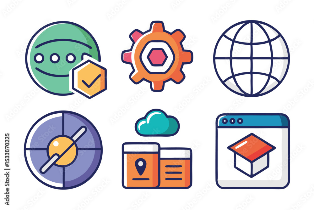 Poster set of colorful flat icons representing web development and digital application elements