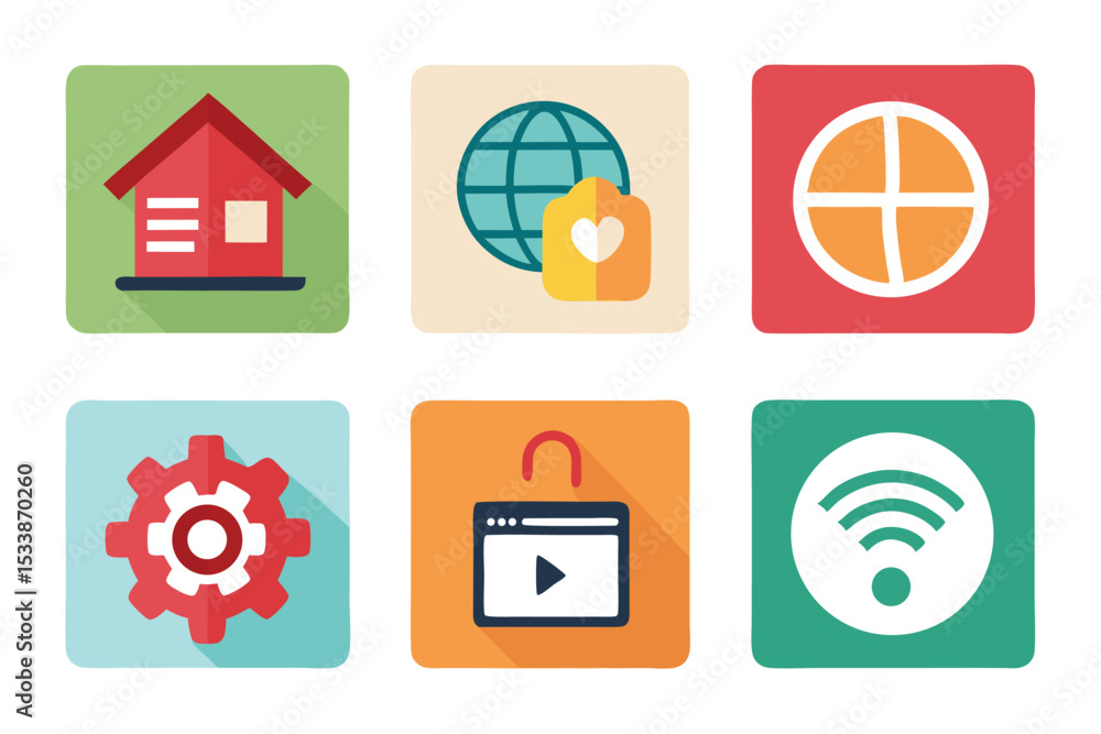 Poster set of colorful flat style icon illustrations representing website and application features