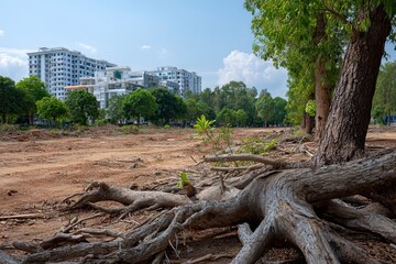 Deforestation of remaining tree roots with land preparation for new housing complex