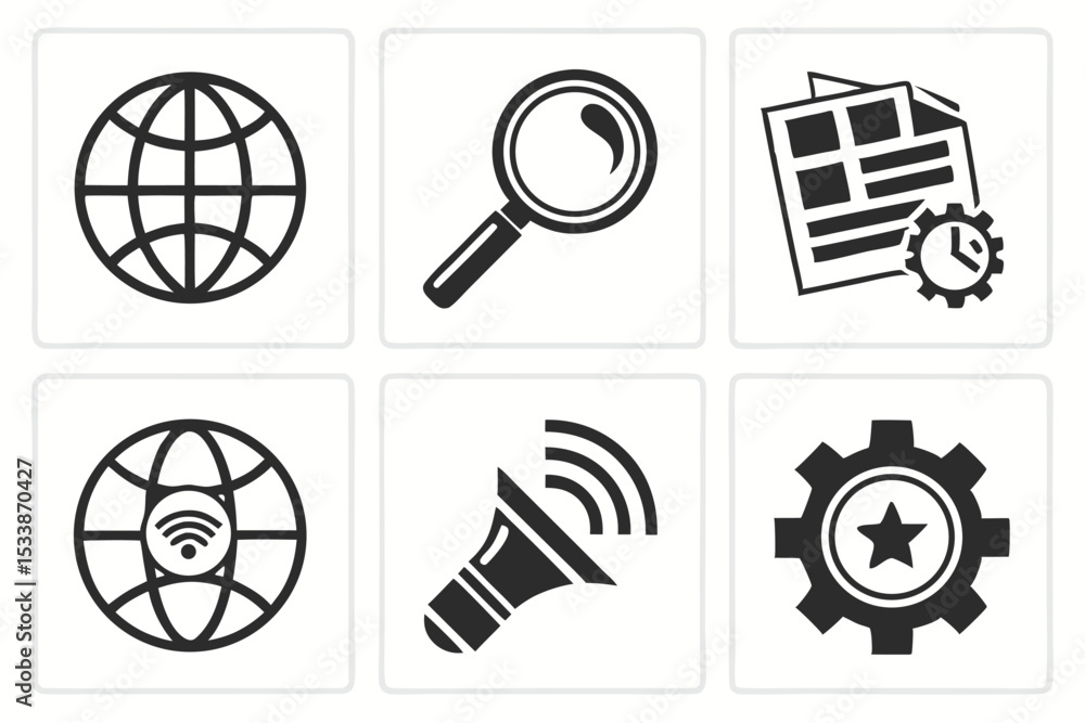 Poster set of minimalist icons depicting global connectivity search analytics and information