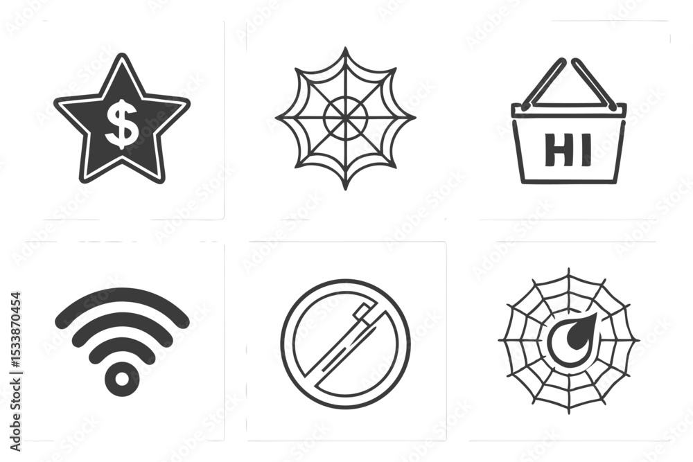 Poster set of modern outlined icons representing various themes and concepts for design elements.