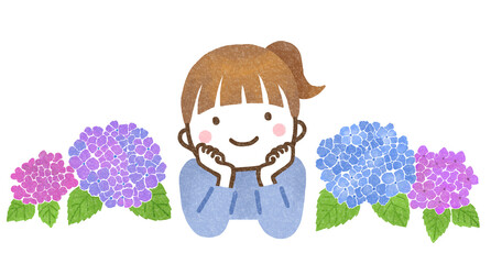 頬杖をつく女の子とあじさいの花