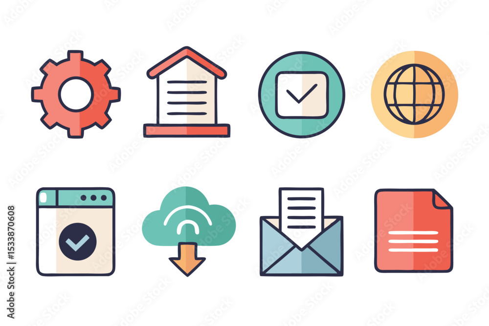 Poster set of vector icon illustrations representing website design software and internet applications in v