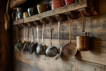 Cozy kitchen corner tea strainers whisks and measuring spoons hanging from wooden hooks no labelling no logo no human