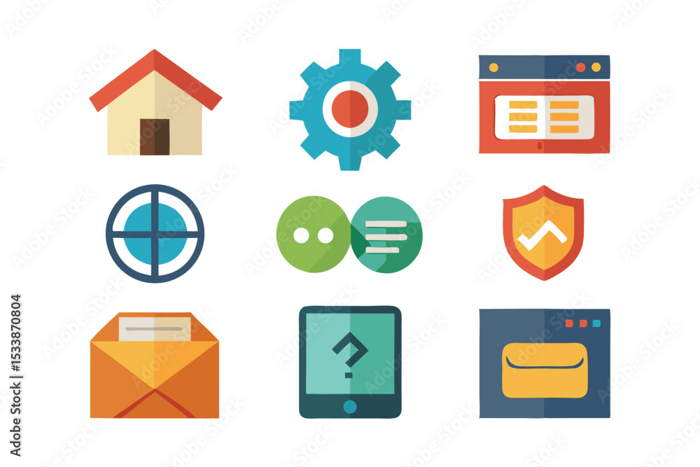 Poster vector icon set illustrating website design software application and modern interface elements
