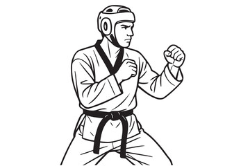 A taekwondo athlete is drawn in black and white, his powerful pose outlined strongly to reflect speed, power, and traditional martial arts form.