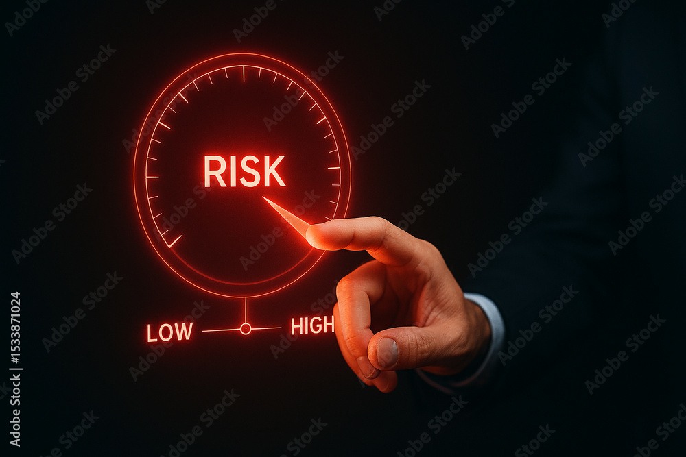 Poster risk management concept showing high risk meter with hand pointing to the risk indicator level