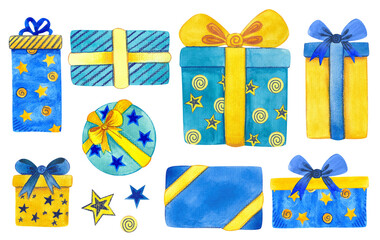 Watercolor holiday gift boxes. Hand drawn bright illustrations isolated on white background. Congratulatory Presents for decoration children's illustration, printing, textiles