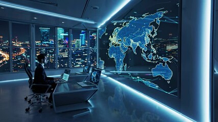 Futuristic office with a man at a desk, large digital world map, and cityscape view. Wide-angle shot, perfect for a tech-themed video concept. - Powered by Adobe