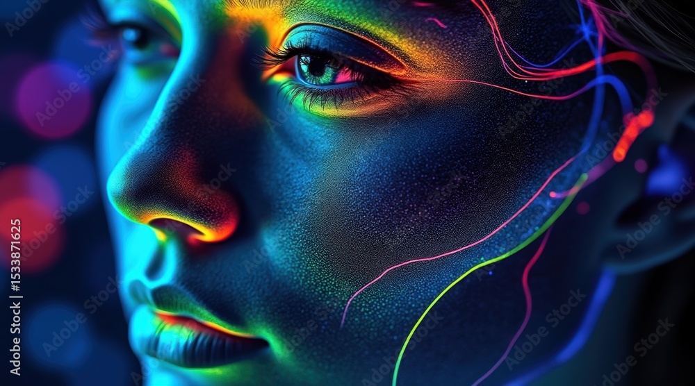 Poster a close-up of a human face illuminated by vibrant neon colors with digital circuitry and glowing lin