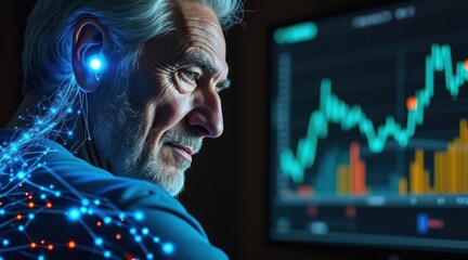 A focused elderly man with glowing earbuds analyzes dynamic data charts on a digital screen, symbolizing technology and analytics integration.