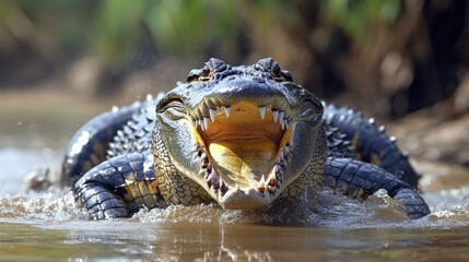 Obraz premium Close-up of a crocodile with its mouth open, showingcasing its sharp teeth and rugged skin. Suitable for wildlife articles and reptile education materials.