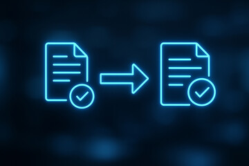 Document conversion file transfer neon icon data migration successful upload process completed