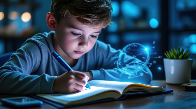 A young boy studies intently at night, surrounded by technology and a glowing digital globe hologram symbolizing futuristic learning.