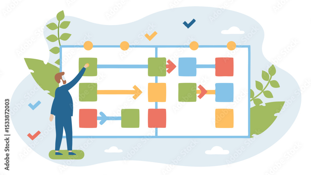 Poster man pointing at a flowchart with colorful squares arrows and check marks in a light blue background